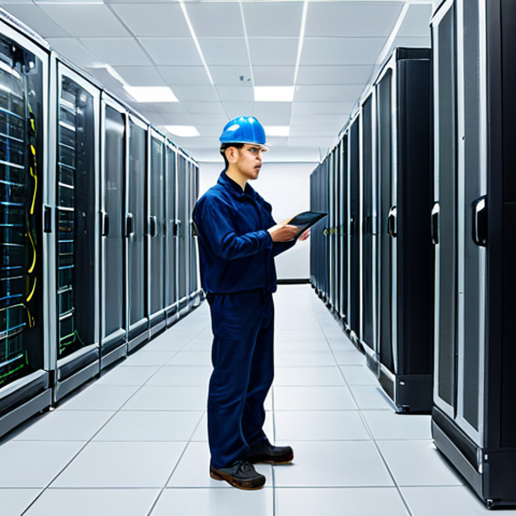 전기기사와 데이터 센터 전력 설계 - **Prompt:** "A brightly lit, modern data center room, rows of server racks with blinking lights, ele...