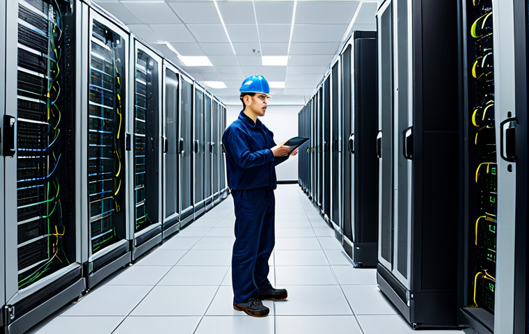 전기기사와 데이터 센터 전력 설계 - **Prompt:** "A brightly lit, modern data center room, rows of server racks with blinking lights, ele...