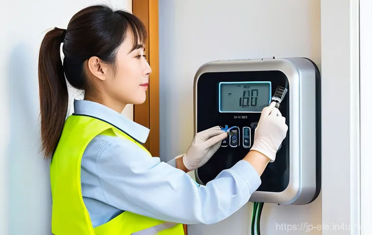 전기공사기사와 에너지 전환 프로젝트 - A focused Japanese male electrician in his mid-30s, wearing a protective hard hat, safety glasses, a...