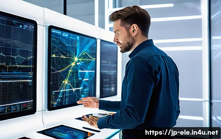 전기기사와 스마트 그리드 기술 - **Prompt:** A dynamic scene inside a futuristic, brightly lit control center. A male electrical chie...