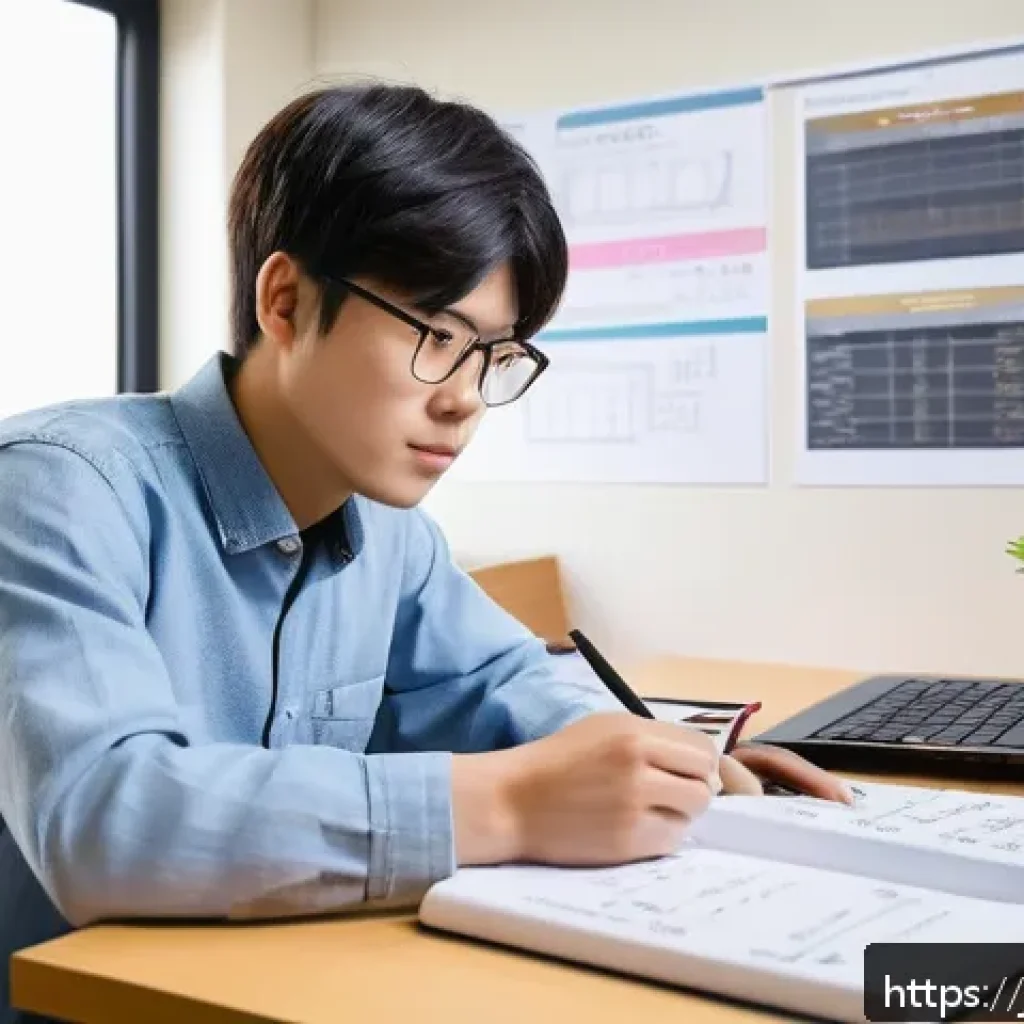 전기기사 시험에서 고득점 전략 - A modern Japanese study room scene featuring a focused young adult studying electrical engineering m...
