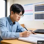 전기기사 시험에서 고득점 전략 - A modern Japanese study room scene featuring a focused young adult studying electrical engineering m...