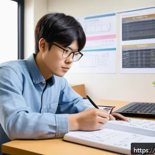 전기기사 시험에서 고득점 전략 - A modern Japanese study room scene featuring a focused young adult studying electrical engineering m...