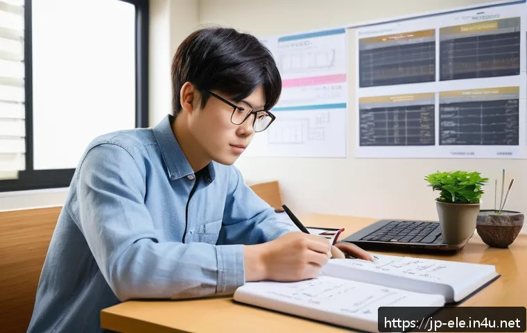 전기기사 시험에서 고득점 전략 - A modern Japanese study room scene featuring a focused young adult studying electrical engineering m...