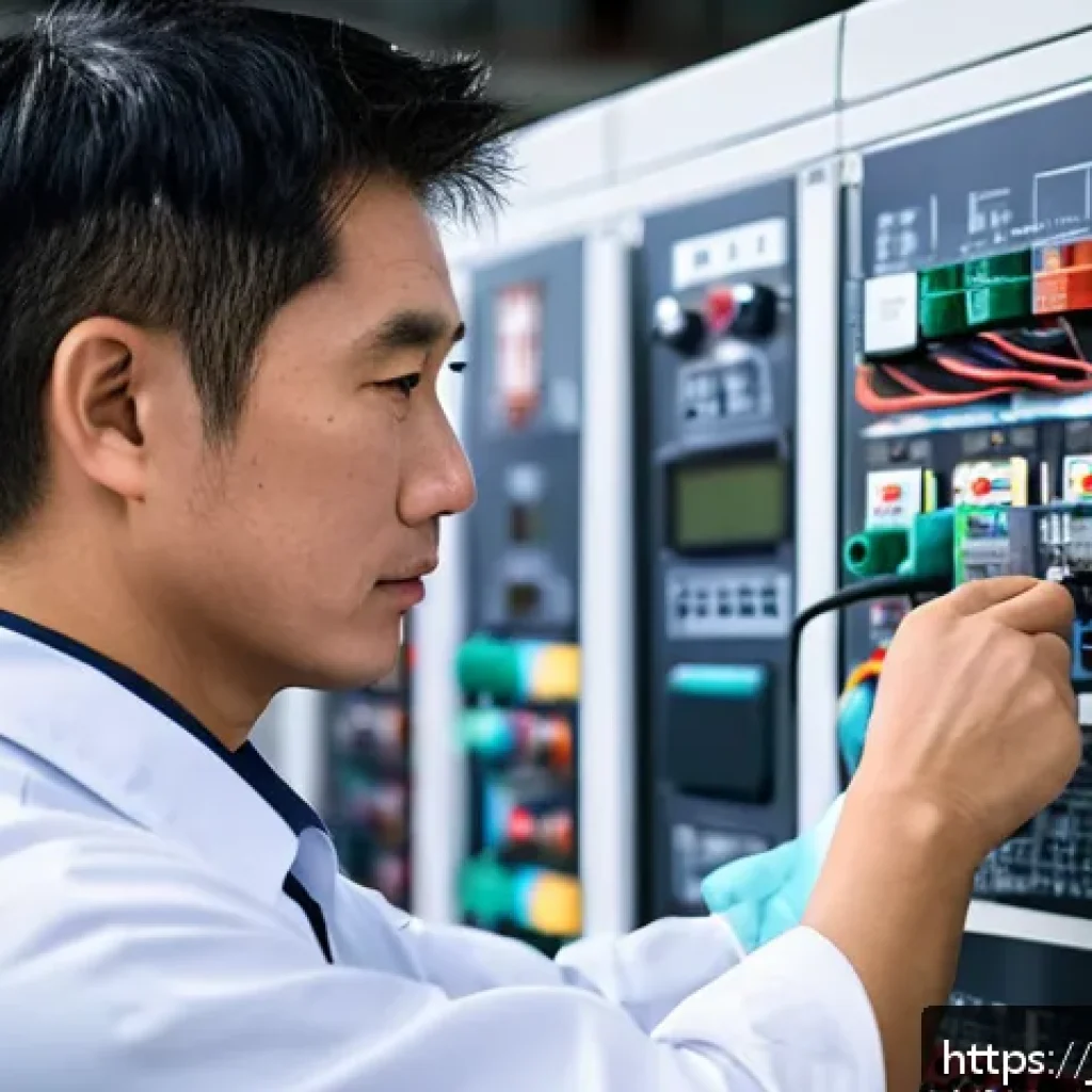 전기분야 자격증 취득 후 승진 사례 - A focused Japanese male electrician in his 30s wearing a clean, professional work uniform with a com...