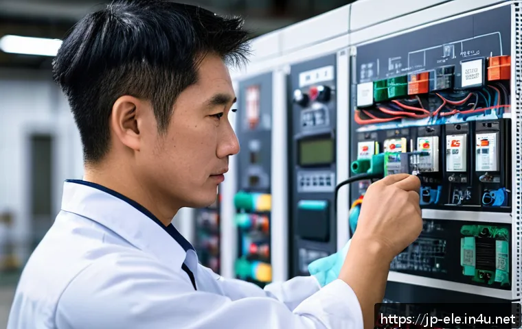 전기분야 자격증 취득 후 승진 사례 - A focused Japanese male electrician in his 30s wearing a clean, professional work uniform with a com...