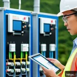 전기공사기사와 배전망 관리 - A modern Japanese smart grid maintenance scene at a distribution substation during daytime, featurin...