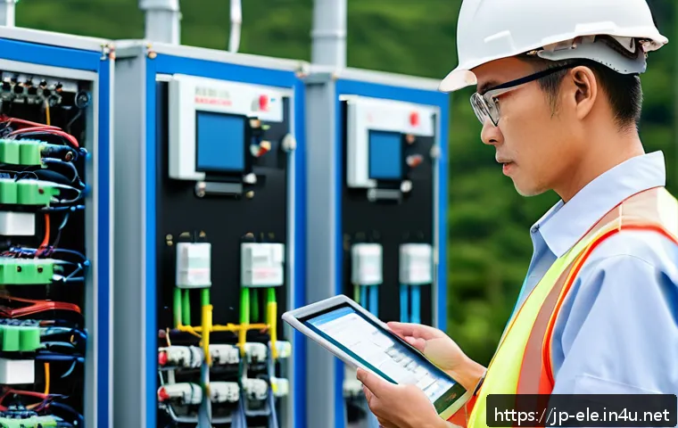 전기공사기사와 배전망 관리 - A modern Japanese smart grid maintenance scene at a distribution substation during daytime, featurin...