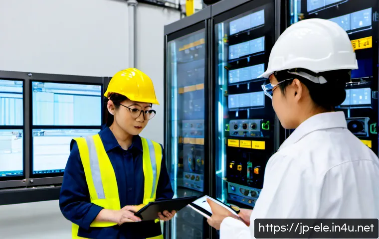 전기공사기사와 스마트 공장 기술 - Photorealistic Japanese electrical engineer in clean safety helmet, protective glasses, and work uni...