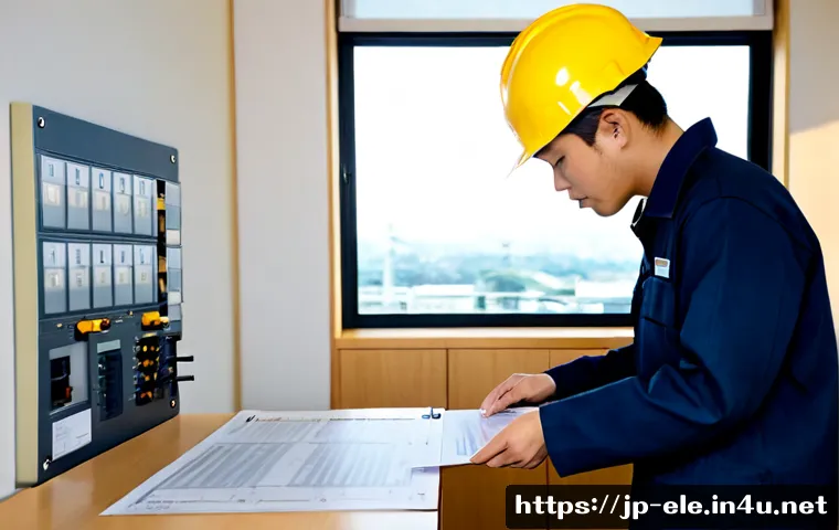 전기분야에서 필수적인 법적 지식 - Photorealistic Japanese electrical engineer in a clean modern office, wearing a navy work uniform an...